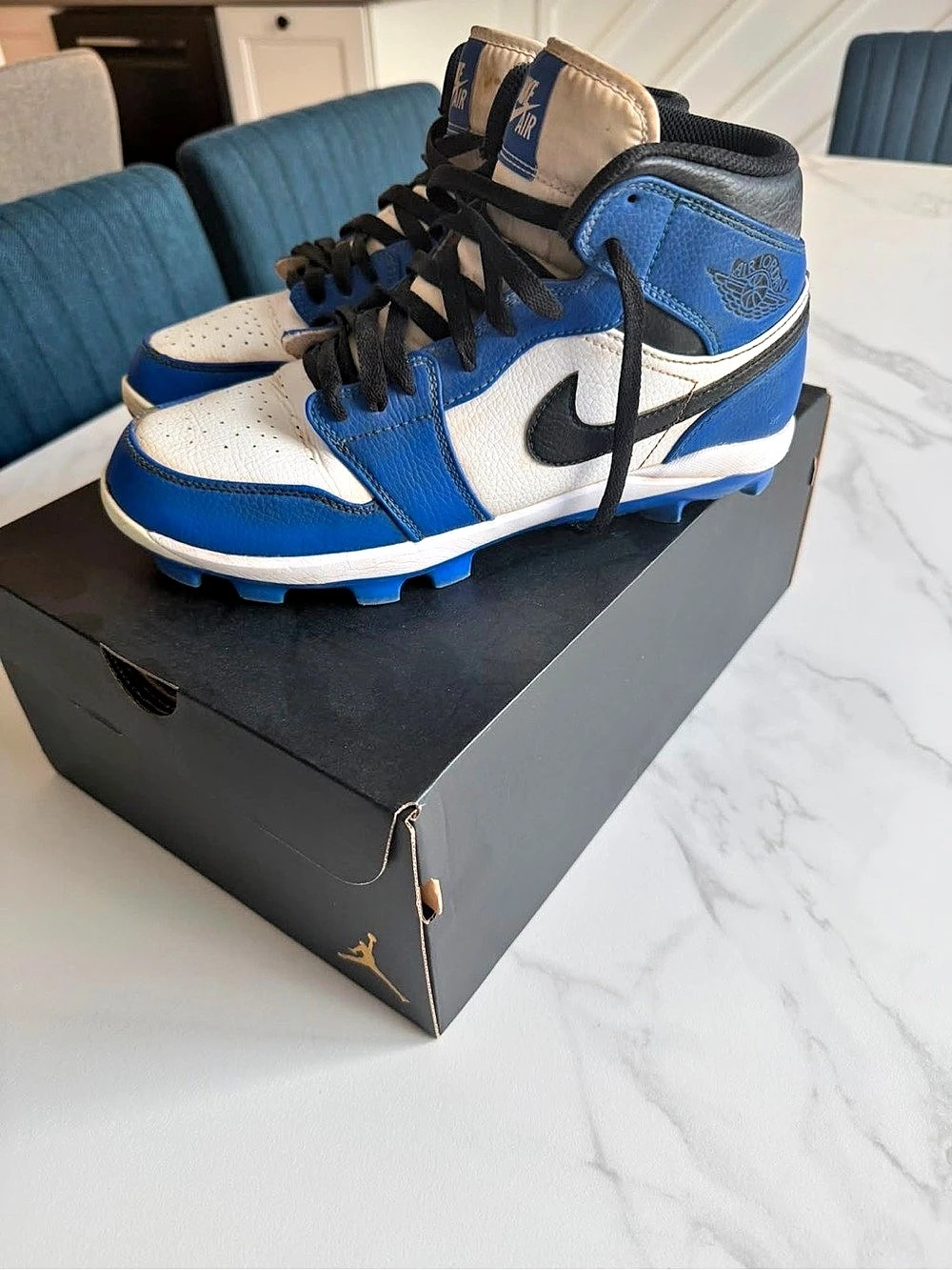 Nike Air Jordan 1 High-Top Baseball Cleats in Blue & White